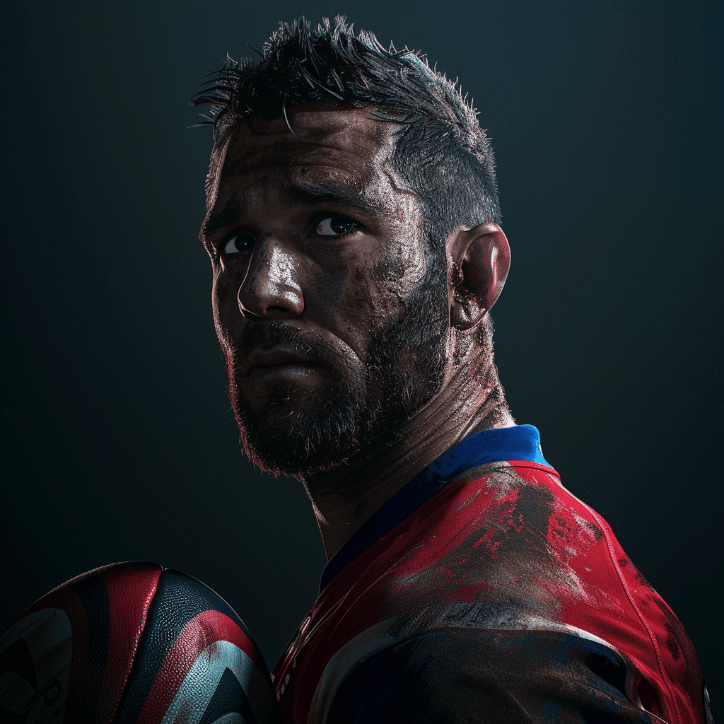 man in rugby kit holds a ball and looks intensely past the camera